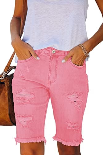 Image of Ancapelion Women's Casual Denim Shorts Mid Waist Bermuda Jeans Shorts Raw Hem Ripped Hole Jeans with Pockets Pink M