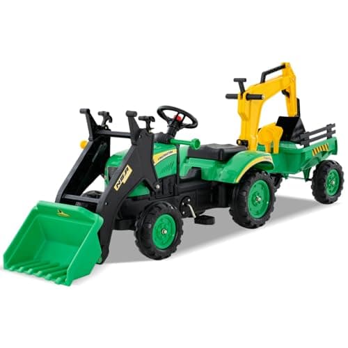 Image of GYMAX Kids Ride On Excavator, 3 in 1 Children Pedal Tractor with Detachable Trailer, Adjustable Digging & Shovel Bucket and Horn, Toddlers Pedal Car for 3-6 Years Old Boys Girls (Green)