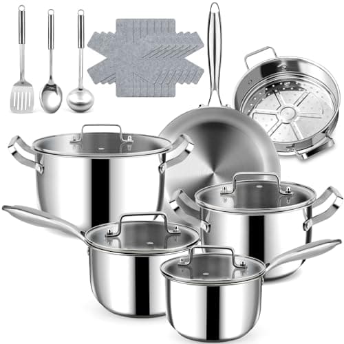 Image of Fruikit 20P Stainless Steel Pots and Pans Set -3 Ply 30 cm Frying pan - 18/20 cm Saucepans & 22/26 cm Casserole, Non Stick Induction Hob Cookware Set