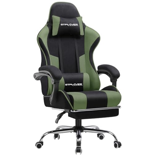 Image of GTPLAYER Fabric Gaming Chair, Massage Ergonomic Computer Chair with Footrest, Lumbar Support, Headrest, Height Adjustable Home Office Reclining PC Racing Chairs Green