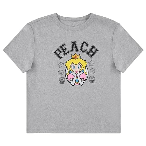 Image of Nintendo Ladies Princess Peach Shirt - Mario, Luigi, Princess Peach Ladies Short Sleeve Retro Gaming Ribbed Tee, Heather Grey, Medium