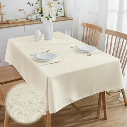 Image of SPRICA Jacquard Tablecloth Water Resistance Solid Color Heavy Weight Soft Table Cover, Machine Washable, Rectangle 300x150cm, Beige
