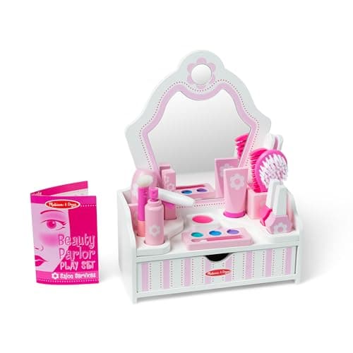 Image of Melissa & Doug Wooden Beauty Salon – Hair Styling & Make-up Role Play Set | Dressing Table with Accessories | Age 3+ - FSC Certified