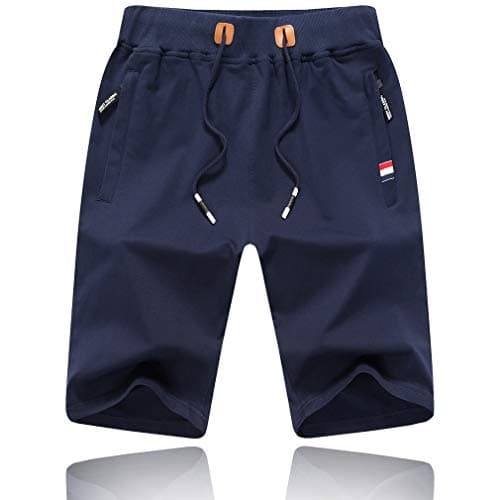 Image of Tansozer Cotton Gym Shorts Summer Casual Sports Shorts Elasticated Waist with Zip Pockets (Navy Blue, Medium)