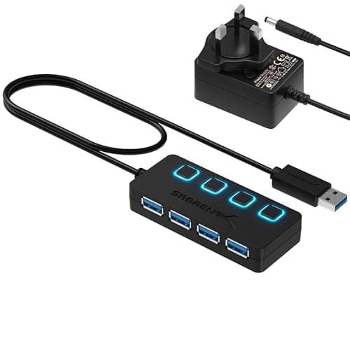 Image of SABRENT Powered USB Hub, 4 Port USB 3.2x1 5Gbps, USB 3 Splitter, On/Off Switch LED Indicators, 68cm (2ft) Cable for PC, Laptop, iMac, MacBook (HB-UMP3)