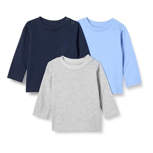 Image of Amazon Essentials Unisex Babies' Relaxed-Fit 100% Cotton Long-Sleeved T-Shirts, Pack of 3, Blue/Heather/Navy, 12 Months