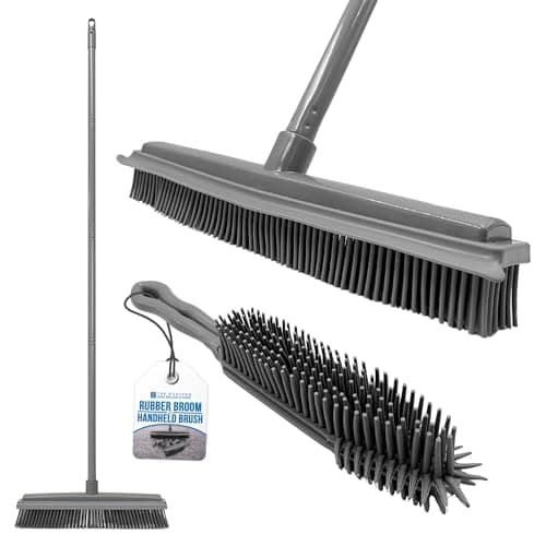 Image of Rubber Broom and Rubber Hand Brush Set − Soft Broom Indoor, Carpet Sweeper and Pet Hair Remover with 31cm Rubber Brush Head and 120cm 4-Section Metal Handle, Comes with a Carpet Brush