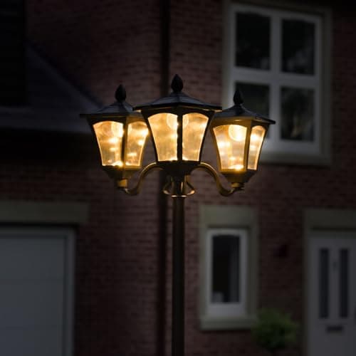 Image of Festive Lights - 2.1m (7ft) Solar Triple Head Traditional Victorian Style Lamp Post Light - 18 Warm White LEDs, Dual Brightness Settings - Outdoor Garden Feature, IP44 Rated, Fixing Options Included