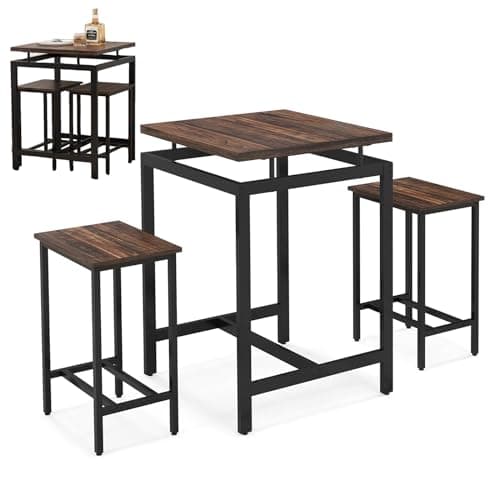 Image of COSTWAY 3 Piece Bar Table Set, Metal Frame Dining Table and 2 Stools with Floating Countertop & Footrests, Space-saving Counter Height Breakfast Kitchen Table Chair Set for Dining Room Pub