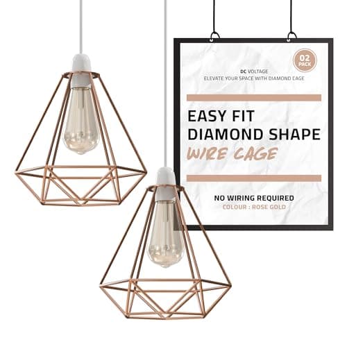 Image of DC VOLTAGE 2 Pack Modern Diamond Shape Pendant Ceiling Light Metal Wire Basket Cage Desk Lamp with Contemporary Lampshade Bedside Table Lamp for Home Office Bar (2 Pack Rose Gold)