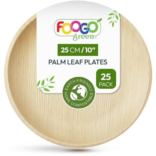 Image of FOOGO Green 25pcs Disposable Palm Leaf Plates, 10"(25cm) Large Round, Eco Friendly Biodegradable Compostable Like Wooden, Bamboo, Paper Plates, for Hot Food, Wedding Picnic Parties