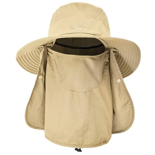 Image of ehsbuy Sun Hats Men with Face Covering Foldable Wide Brim Breathable Mesh Safari Boonie Fishing Bucket Hat Adjustable Summer Beach Cap Khaki
