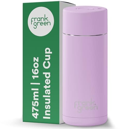 Image of frank green Insulated Travel Mug for Cold Or Hot Drinks - 475ml/16oz Reusable Coffee Cup with Push-Button Lid, Ceramic Lined, Triple Wall Vacuum - Purple Lilac Haze