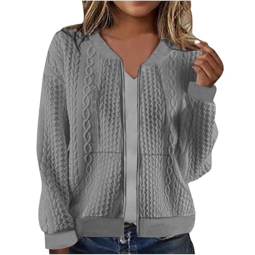 Image of Cardigan Sweaters for Women UK Full Zip Jacket Long Sleeve Sweatshirt with Pockets Cable Knit Coat Lightweight Elegant Fall Outfits Casual Pullover Bolero Ladies Jacket Coat for Daily Gray