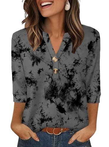 Image of Aokosor Womens 3/4 Sleeve Tops Ladies Blouse V Neck Tunic Long Sleeve T Shirts Curved Hem Office Wear Grey Black Floral Size 10-12 for UK