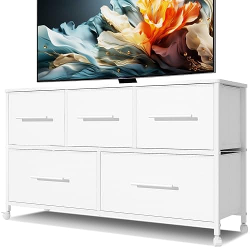 Image of MYGIIVOVO Chest of Drawers, Dresser for Bedroom with 5 Fabric Drawers, TV Stand with 4 Castors, Storage Organizer Unit for Living Room Kids Room (White)