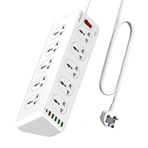 Image of 10 Way Extension Lead with USB Slots, 10 Gang Power Strip with 6USB(1 Type C + 5 USBA), Surge Protection Extension Cable, Extension Cord 2 Meter for Home Office, White