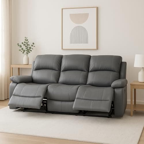 Image of Bravich Luxury Grey Bonded Leather Manual Recliner Sofa - Living Room Furniture, Lounge Chair Sofa Set for Ultimate Comfort & Elegance. 3 Seater Sofa for Home (183cm x 75cm x 100cm)