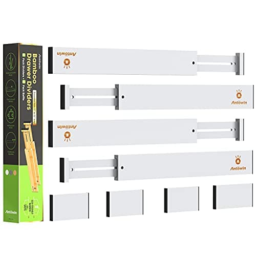 Image of ANTOWIN 8PCS Bamboo Drawer Dividers, Drawer Separators Splitter, 43-56CM Long Adjustable Spring-loaded Organizer for Large Utensil, Clothes, Tools Drawers, 4 Pack Dividers + 4 Pack Baffle (white)