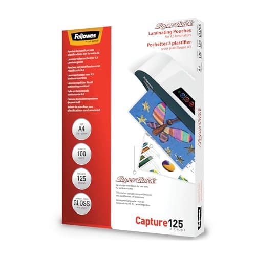 Image of Fellowes Capture A4 125micron Super Quick Glossy Laminating Pouches (Pack of 100)
