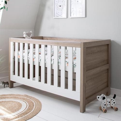 Image of Tutti Bambini Modena Baby Cot Bed - 3-in-1 Wooden Baby Crib, Toddler & Day Bed with Teething Rails & Adjustable Base, from Birth to 6 Years, Oak & White (140 cm x 70 cm)