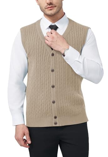 Image of KUYIGO Men's V Neck Jumpers Knitted Gilets Vest with Buttons Knitwear Tank Top Sleeveless Cardigan for Gentleman Khaki M
