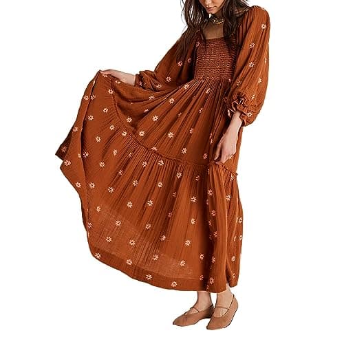 Image of Qianderer Women's Flower Embroidered Maxi Dress Puff Sleeve Square Neck Swing Tiered Bohemian Flowy Dress Beach Long Dress (Ba Brown, M)