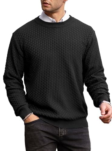 Image of Zaitun Men's Crew Neck Jumper Waffle Knitted Sweater Warm Long Sleeve Pullover Casual Business Jumpers Winter Black