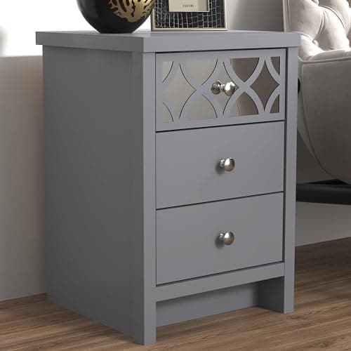 Image of GFW Arianna Bedside Table With 3 Drawers, Modern Side Table Storage Unit, Mirrored Design Storage Cabinet For Bedroom, Living room & Hallway, Flat Pack Furniture, Grey, W39.5 x D39.8 x H59.0cm