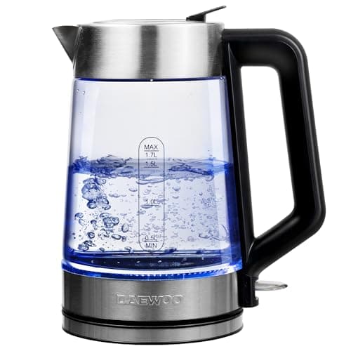Image of Daewoo 1.7L 3000W Easy-Fill Kettle with Illuminated Glass Body, 360° Swivel Base and Water Level Gauge, Built-In Safety Features for Left and Right Handed