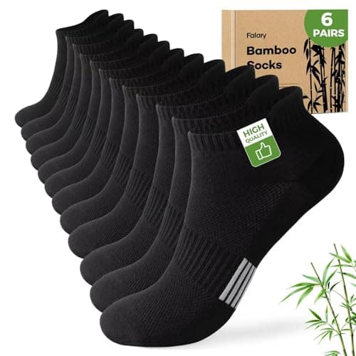 Image of FALARY Bamboo Trainer Socks for Men 9-12 6 Pairs Ankle Socks Womens Black Ladies UK Short Sports Cotton Breathable Seamless Moisture Wicking Running Gym Thin Athletic Low Cut Anti-Blister Multipack
