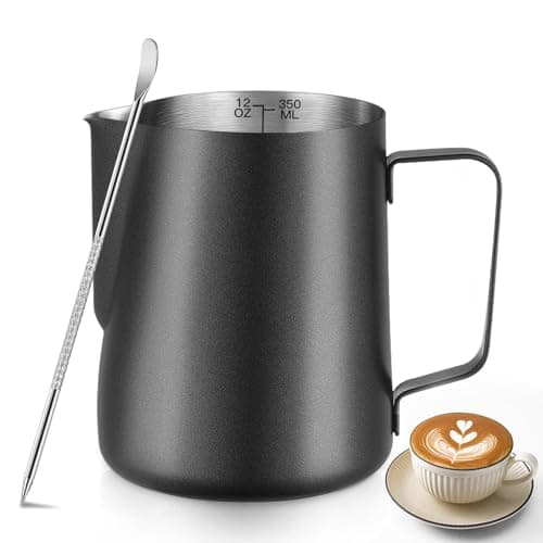 Image of Milk Frothing Pitcher 12oz / 350ml – Stainless Steel Steaming Jug with Decorating Pen, Barista Milk Frother Cup for Latte Art, Cappuccino, Coffee (Black)