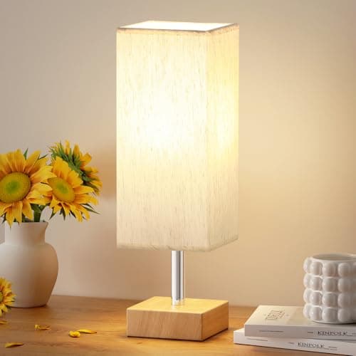 Image of Aooshine Small Table Lamp, Minimalist Bedroom Lamp with Square Cream Linen Shade and Wood Grain Metal Base(Bulb Included)