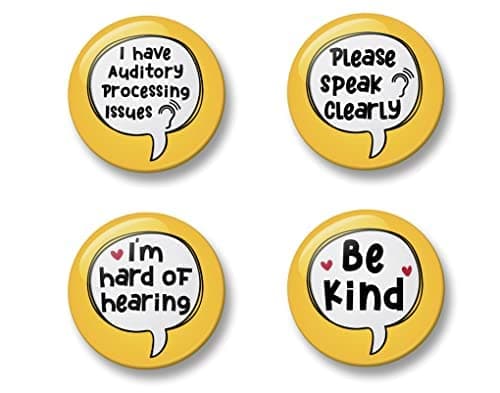Image of 32mm APD Pin Button Badges, 4 Badges, Badge Packs, I have Auditory Processing Issues, Please speak clearly, I am hard of hearing, Be kind, APD Pack (Yellow)