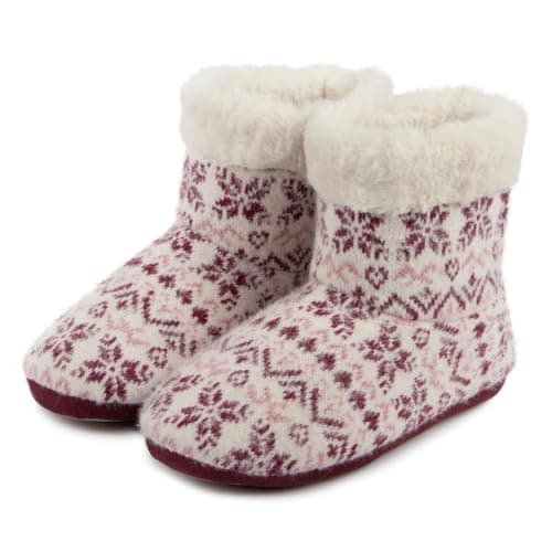 Image of totes® toasties® Ladies Fair Isle Knit Boot Slippers with Faux Fur Cuff, Warm & Cosy Faux Fur Lining, Memory Foam for Ultimate Comfort, Durable Textured Sole, Fair Isle, L