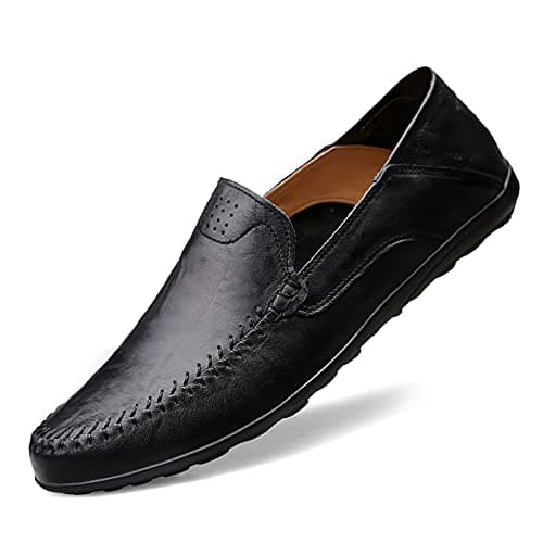 Image of Men's Loafers Flat Breathable Casual Leather Moccasins Handmade Slip On Driving Business Shoes Black Size 7.5