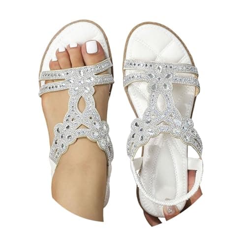 Image of HOOUDO Ladies Walking Sandals Size 6 Wide Fit Bohemian Wedge Sandal Lightweight Summer Elastic Ankle Strap Beading Walking Shoes Comfortable Open Toe Slingback Orthopedic SandalsWomens Running Shoes