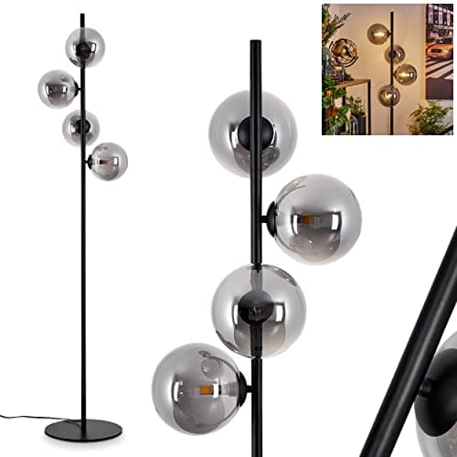 Image of Floor lamp Remaisnil, Modern Floor lamp Made of Metal/Glass in Black/Smoke Colour, Modern Floor lamp in Retro/Vintage Design with Foot Switch on the Cable, 4-Flame, 4 x G9, Without Bulbs