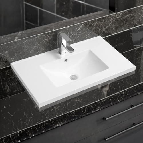 Image of Limoge 5001 Ceramic 81cm Mid-Edge Inset Bathroom Basin with Scooped Bowl - Modern Drop-in Self-Rimming Top-Mount Rectangular Sink for Vanity or Countertop Installation