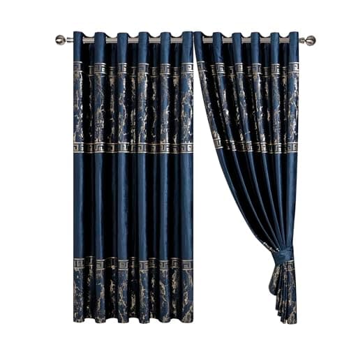 Image of Opulent Dreams Greek Key Velvet Curtain Pair - Heavyweight with Luxury Foil Print - Room Darkening Eyelet - Fully Lined for Thermal Insulation, Includes Two Tiebacks (Navy, 66" x 72" (167 x 183 cm))