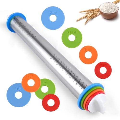 Image of Adjustable Rolling Pin with 4 Thickness Rings for Baking, 17” Stainless Steel Dough Roller with Clear Measurement Markings for Pizza, Fondant, Pie, Cookies, Baking Supplies, Pastry, Pasta