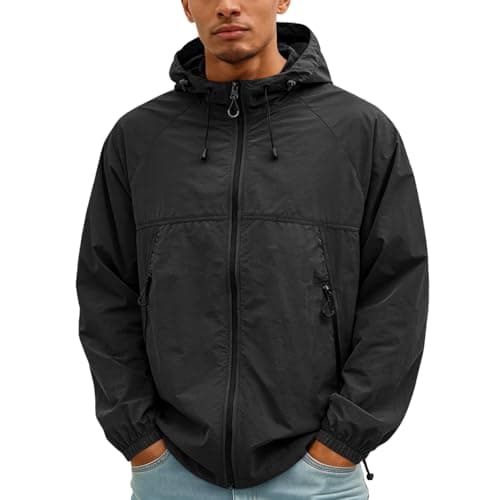 Image of Mens Uv Protection Jacket Quick Dry Breathable Drawstring Hooded Full Zip Outerwear Side Pockets Adjustable Cuffs Classic Fit Casual Plain Minimalist Coat Daily Work Summer Black Xxl