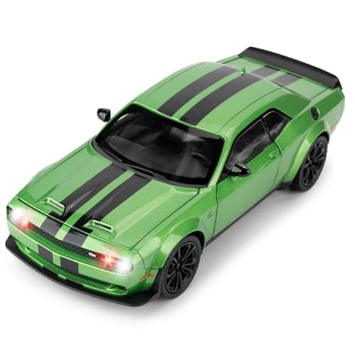 Image of BGHSCA Compatible for Dodge Challenger SRT Hellcat Car Model, 1:22 Die-Cast Toy Car with Sound and Light, Pull Back Model Vehicle Toy for Adult Kids (Green)