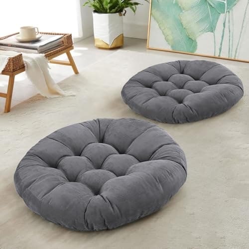 Image of DAWNTREES 2 Pack Floor Cushion,Round Large Pillows Seating for Adults,Tufted Corduroy Cushion for Tatami Living Room, Grey,