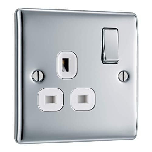 Image of BG Electrical Single Switched Power Plug Wall Socket, Raised and Slim Profile, Round Edges, Nexus Metal, Polished Chrome, White Inserts, 13A, NPC21W