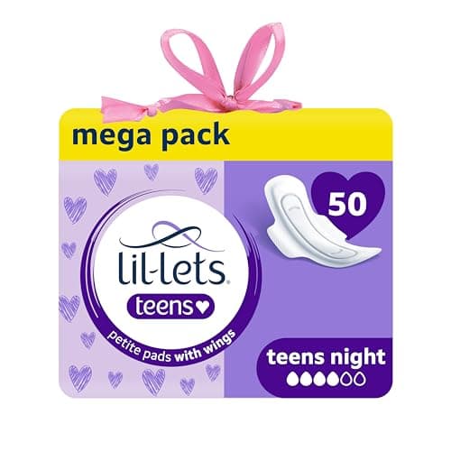 Image of Lil-Lets Teens Night Pads X 50, Petite Towels for Girls & Teenagers, with Wings, for Heavy Flow, Unscented, Soft & Breathable, First Period Sanitary Towels, 5 Packs of 10 Pads - Bulk Pack