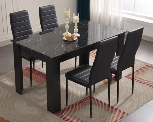 Image of Blisswood Dining Table Set, Dining Table And Chair Set, Pu Leather Dining Room Chairs and 17mm Thick Table Top Long Modern Dining Table Set (Black Marble Dining Table And 4 Black Chair)