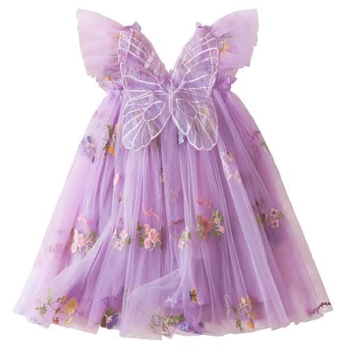 Image of NNJXD Baby Girl Flower Embroidery Tulle Dress Butterfly Toddler Birthday Party Dresses 2109 Purple Size(100) 2-3 Years