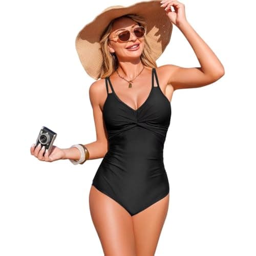 Image of Sillictor Swimming Costume Women One Piece Tummy Control Swimsuit Padded Twist Front Slimming Swimwear Ladies Swim Suits for Surfing Bathing, Moisture Wicking Quick Dry 6020 Black L
