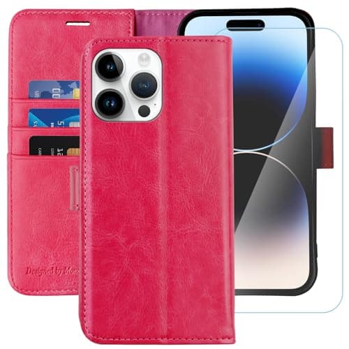 Image of MONASAY Wallet Case for iPhone 14 Pro 5G,[Glass Screen Protector Included] [RFID Blocking] Flip Folio Leather Cell Phone Cover with Credit Card Holder for Apple iPhone 14 Pro 6.1-inch,Hot Pink